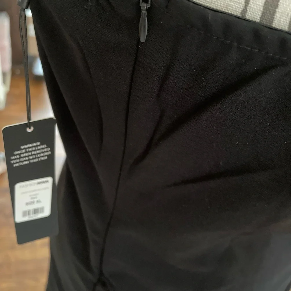 Black Mini Tube Dress with White Floral Detail & Sheer Ruffle Train - Picture 12 of 13